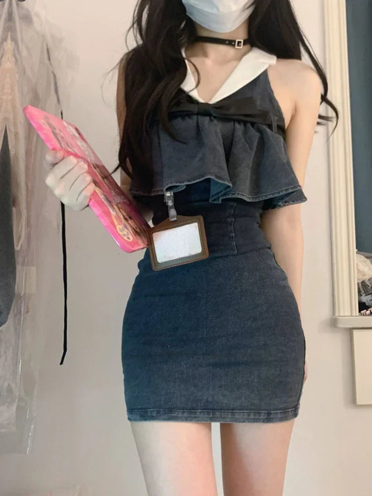 lovwvol French Vintage Denim Dress Women Causal Y2k Office Lady Slim Mini Dress Summer 2024 Korean Fashion Elegant Retro One Piece Dress