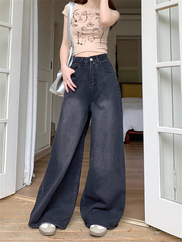 lovwvol Women's High Waisted Loose Wide Leg Pants Retro Black Jeans American Style Bottoms Casual Female Thin Denim Trousers 4XL