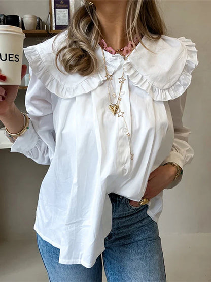 lovwvol Office Lady Peter Pan Doll Collar Shirts 2024 Spring Summer Women's Long Sleeve Blouse Elegant Single Breasted Lady Chic Tops