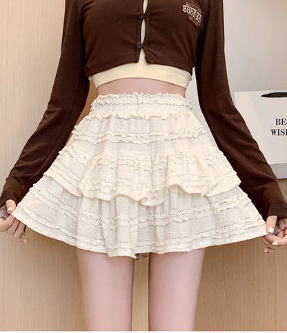 lovwvol Sweet Cute Lace Mini Skirt Women Kawaii White Ruffles Pleated Skirts Summer Korean High Waist Black Casual A Line Skirt