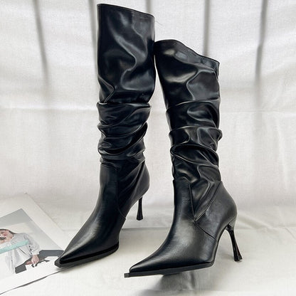 Pleated High Heels Knee High Boots Women 2023 Autumn Pu Leather Pointed Toe Cowgirl Boots Woman Black White Western Long Botas