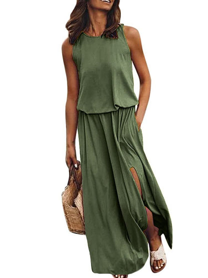 lovwvol Summer Solid Long Dress Women Casual Sleeveless Elastic Waist Side Slit Maxi Dresses Female O-Neck Loose Tank Dress Sundress