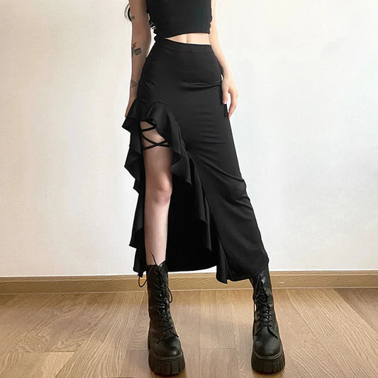 High Split Ruffles Side Y2k Maxi Skirts Elegant Mall Gothic Bandage Sexy Partywear Women Grunge High Waist Long Skirt