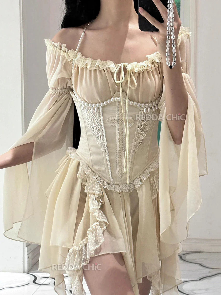 lovwvol Irregular Ruffle Ribbon Mini Chiffon Dress Women Satin Lace Patchwork Cross Desire One-piece Medieval Retro Clothes