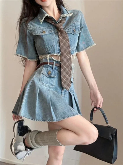 lovwvol Summer Korean Fashion Outfits Retro Denim Safari Party Suits Style Women Casual Elegant Crop Tops + Bodycon Mini Skrits