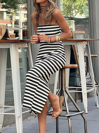 Striped Sheath Dress Summer Women Holiday Fashion Loungewear Maxi Dress Backless Slim Elegant Sleeveless Ladies Party Dress