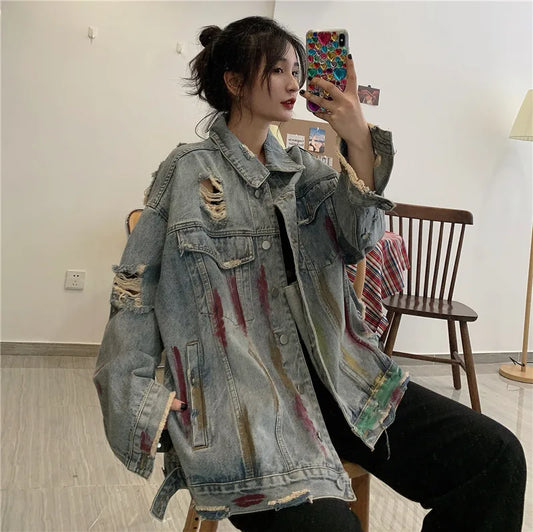 lovwvol  -  Women Blue Denim Jacket Female Outerwear Long Sleeve Oversize Jean Jacket Harajuku Korean Vintage Fashion Y2k Top 2000s Clothes