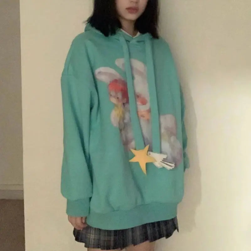 Y2k Casual Sweatshirt Women Aesthetics Grunge Cartoon Print Hoodies Japanese Harajuku Sudaderas Loose Pullover Kawaii E-girl