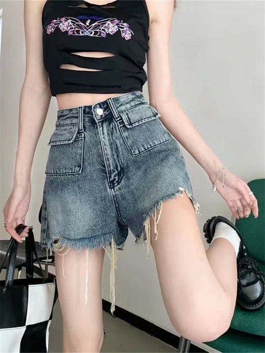 lovwvol Women's High Waisted A-line Raw Edge Denim Shorts Street Young Girl High Waisted Sexy Hot Pants Casual Female Mini Trousers