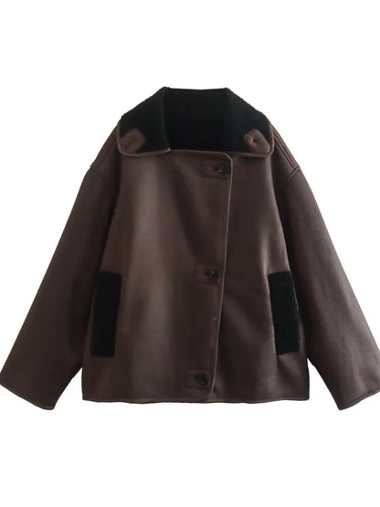 Vintage Lapel Faux Leather Lambswool Jacket Women Thick Single Breasted Long Sleeve Pocket Coats Autumn Warm Female Streetwear