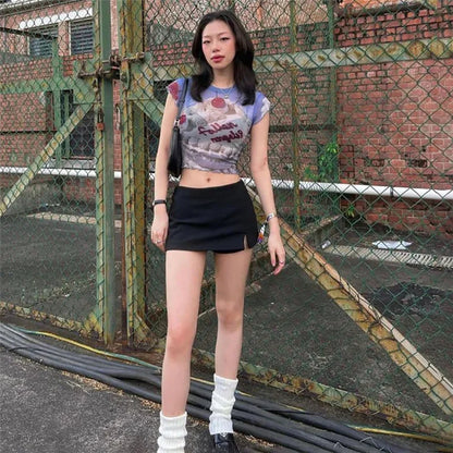 Graphic Tees Y2k Streetwear Trendy Printed Mesh See Through Short Sleeve Tshirt for Women Summer Crop Tops