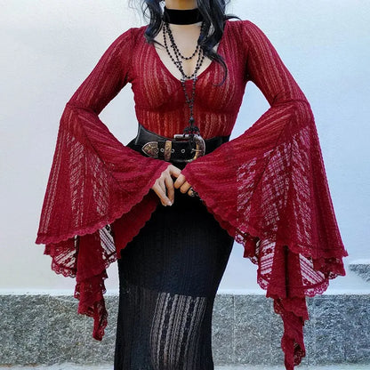 Lace See Through Mall Gothic Aesthetic Bodysuits Flare Sleeve Grunge Sexy Women Tops Punk Bodycon V-neck Alt Bodysuit