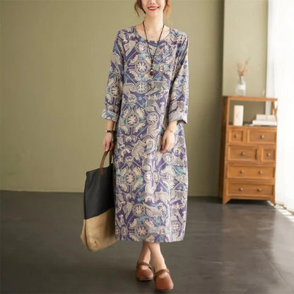 lovwvol Spring New Mid Length Dresses Vintage Geometric Printed Fashion O-Neck Patchwork Pockets Long Sleeve Loose Dress for Women