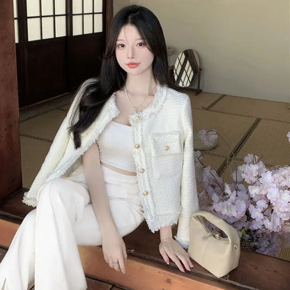 Korean Fashion Plaid Tweed Jacket Women White Round Neck Cropped Tassel Coat Autumn Single Breasted Office Lady Outwear