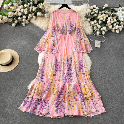 lovwvol Summer Holiday Gorgeous Cascading Cake Dress Women Flare Sleeve V Neck Flower Print Buttons Chiffon Bohemain Robe