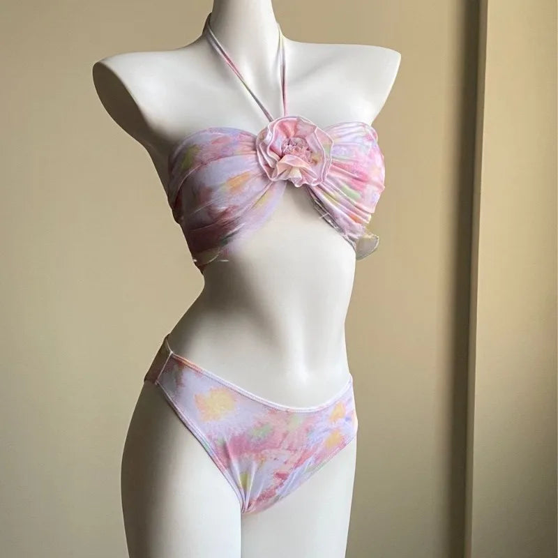 lovwvol Y2K Floral Printed Swimsuit Women Sexy Split Backless Halter Brazilian Bikini Set with Beach Cover Up 3pcs Bathing Suit Swimwear