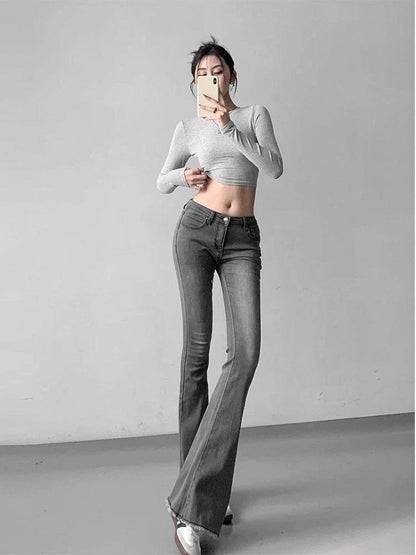 lovwvol Women's Grey Slightly Flared Skinny Jeans Summer New Simple Style Thin Denim Narrow Pants Female Bell-bottoms Trousers