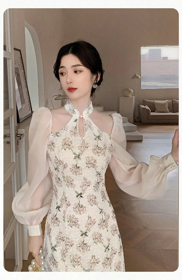 lovwvol Vintage Elegant Cheongsam Dress Women Floral Embroidery Design Party Fairy Dress Female Spring Court Retro Long Split Dress