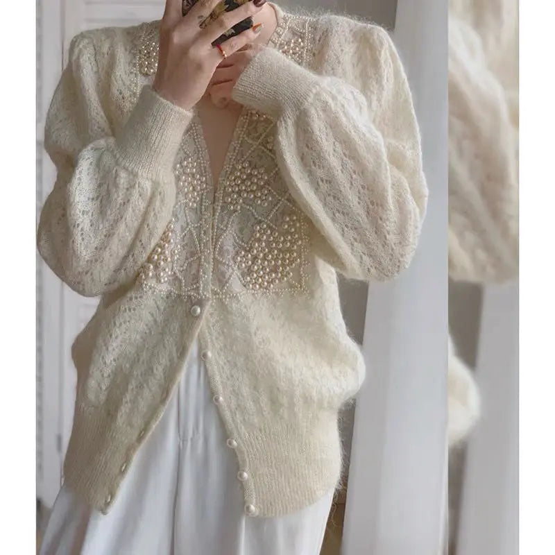 lovwvol New Autumn Pearls Embroidery Cardigans Vintage V Neck Long Sleeve Oversize Gentle Cardigan Sweet Hollow Out Sweater