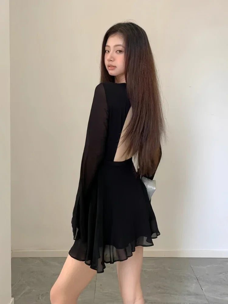 Backless Black Dress Women Elegant Back Hollow Out Lace-up Long Sleeve Mesh Patchwork Sexy Slim Ruffle Mini Dress Party