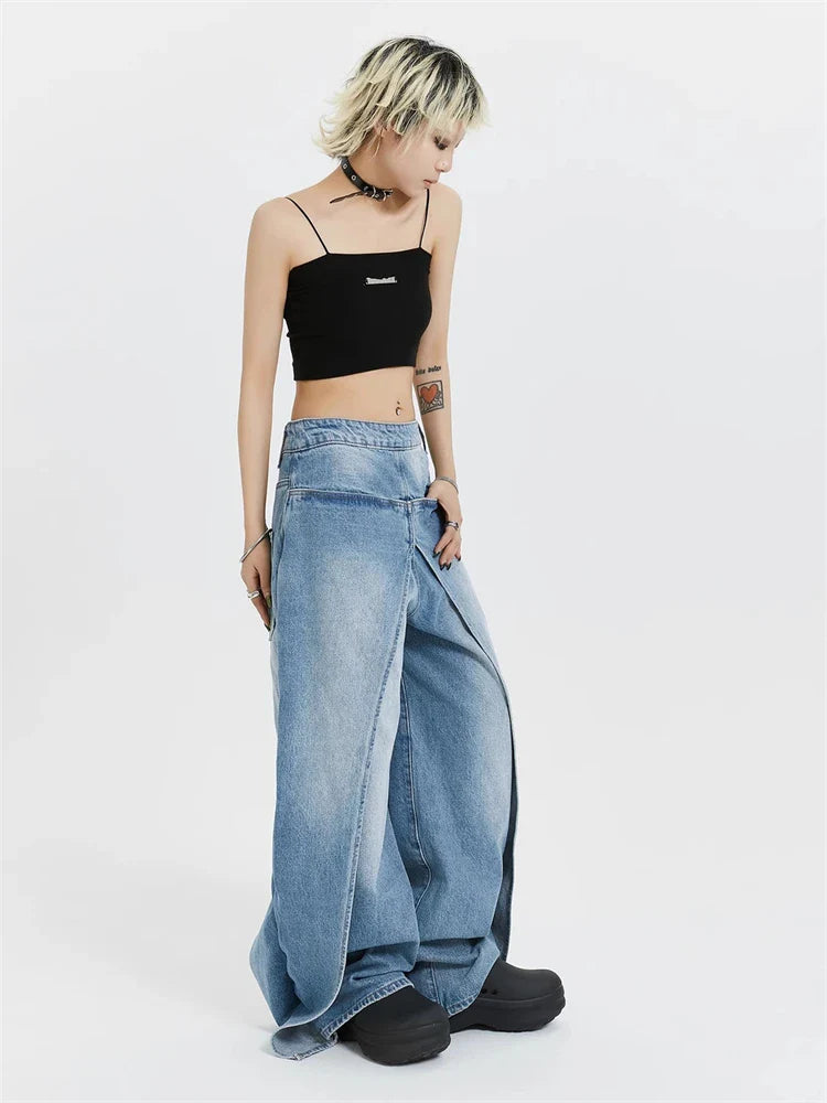 lovwvol Women's Wearable on Both Front and Back Sides Jeans High Waisted Deconstructing Banana Pants Female Loose Retro Denim Trousers