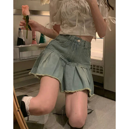 lovwvol New Do Old Denim Skirt For Students Female Spring Summer New Large Size High Waist Slimming Chic Frilled A-Line Pleated Skirt