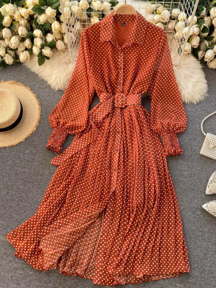 lovwvol Spring Autumn Women Vintage Maxi Party Dress Long Sleeve Orange Polka Dot Pleated Evening Black Vestidos Femme Fashion Robe New