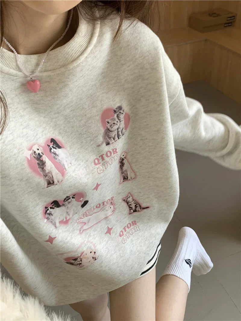 Cute Hoodies Women Letter Dog Print Sudaderas Mujer O-neck Sweatshirt Harajuku Streetwear Y2k Pullover Moletom Feminino