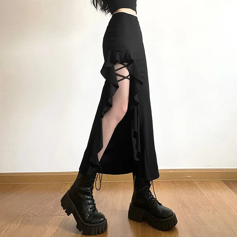 lovwvol Gothic Black High Waist Bodycon Mid Skirt E-Girl Punk Ruffles Split A-Line Skirts Y2K Fashion Women Streetwear Bottoms