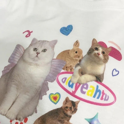 lovwvol Japanese y2k Kawaii Cat Print Short Sleeve Tee Women Grunge Crop Tops Fairycore Graphic T-shirt E-girl 2000s Korean Fashion