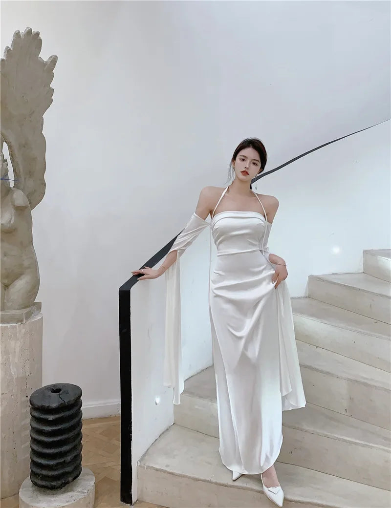 lovwvol Women Summer Elegant Satin Silky Off Shoulder White Cocktail Dress wedding dress Party Maxi Dress