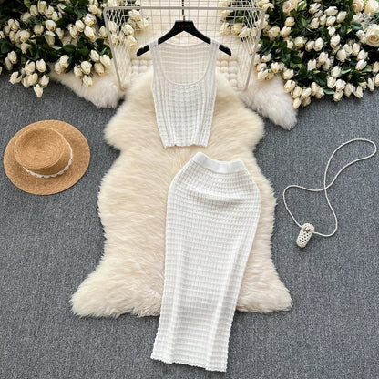 lovwvol Summer Women Fashion Skirt Set Sexy Sleeveless Tank Tops High Waist Slim Long Saya Female Two Piece Suits Knit Solid Clothes