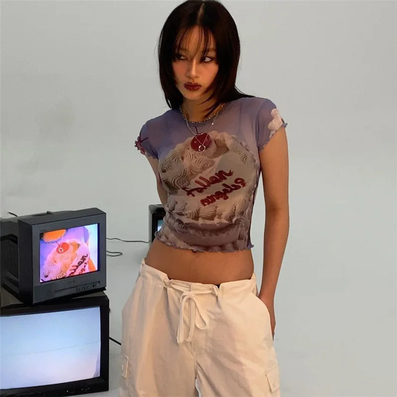 Graphic Tees Y2k Streetwear Trendy Printed Mesh See Through Short Sleeve Tshirt for Women Summer Crop Tops