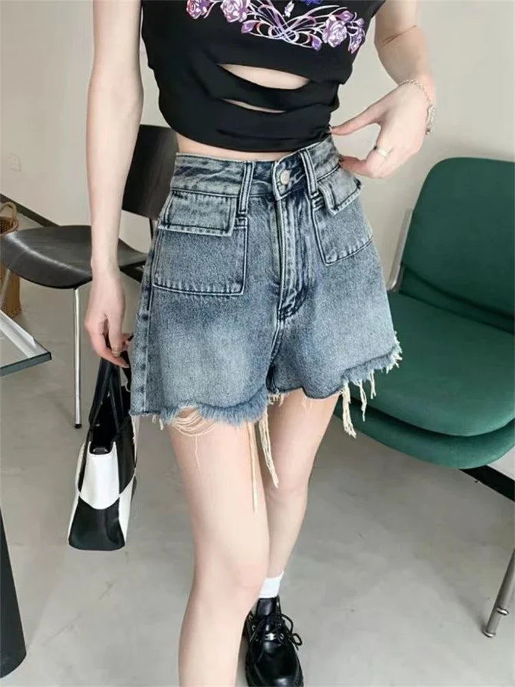 lovwvol Women's High Waisted A-line Raw Edge Denim Shorts Street Young Girl High Waisted Sexy Hot Pants Casual Female Mini Trousers