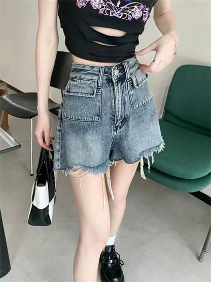 lovwvol Women's High Waisted A-line Raw Edge Denim Shorts Street Young Girl High Waisted Sexy Hot Pants Casual Female Mini Trousers