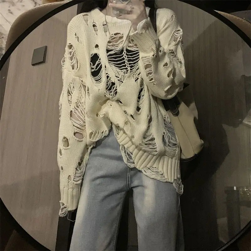 Spring Y2k Aesthetic Holes Hollow Out Womens Sweater Grunge Loose Cardigan Mujer Fashion Harajuku Streetwear Casual Pull Femme