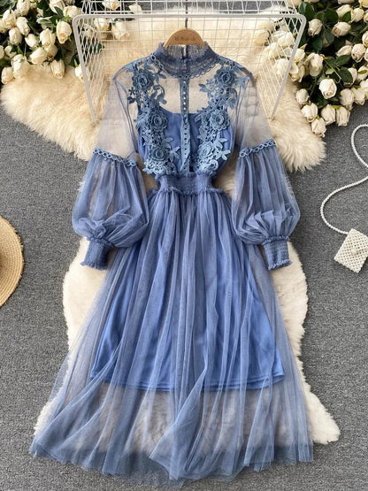 Ladies Dress Three-dimensional Flower Hook Mesh Temperament Stand Collar Lantern Sleeve High Waist Slim Female Dresses