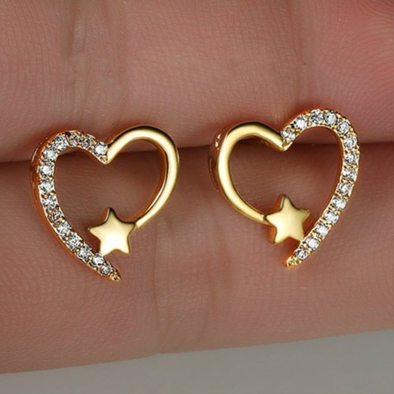 Fashion Gold Colors Star Stud Earrings for Women   Exquisite Metal Heart Zircon Stones Engagement Wedding Earrings Jewelry