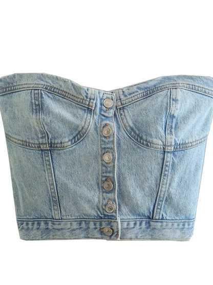 lovwvol Women Sexy Tube Tops Sleeveless Buttons Up Bustiers Corsets Strapless Denim Off Shoulder Cropped Tank Mini Vest