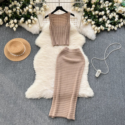 lovwvol Summer Women Fashion Skirt Set Sexy Sleeveless Tank Tops High Waist Slim Long Saya Female Two Piece Suits Knit Solid Clothes