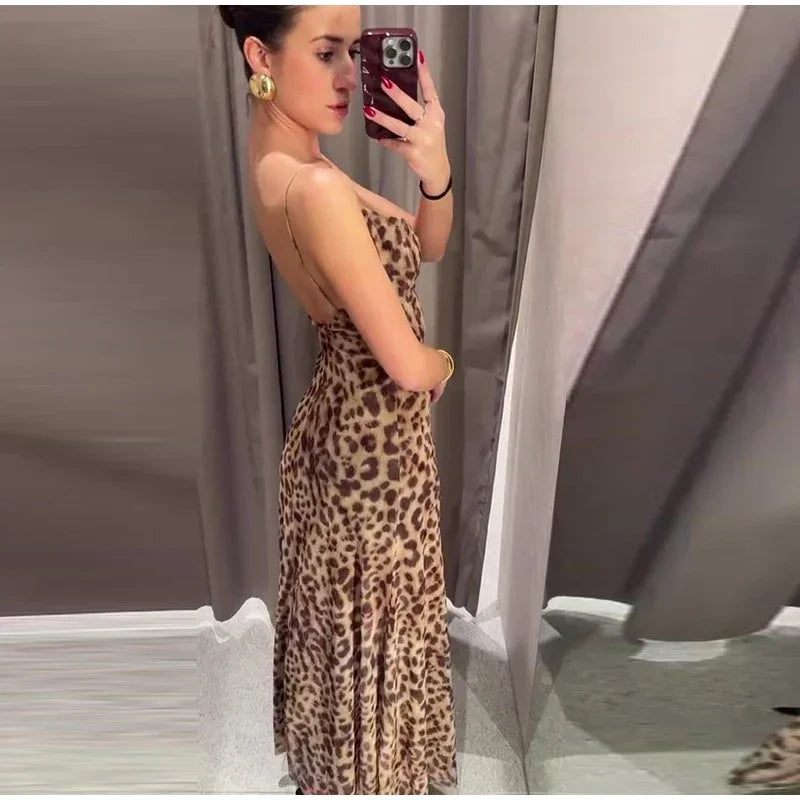 lovwvol New Leopard Print Sling Maxi Dress For Women 2024 Summer Elegant Backless Sleeveless Slip Long Dress Female Sexy Party Vestidos