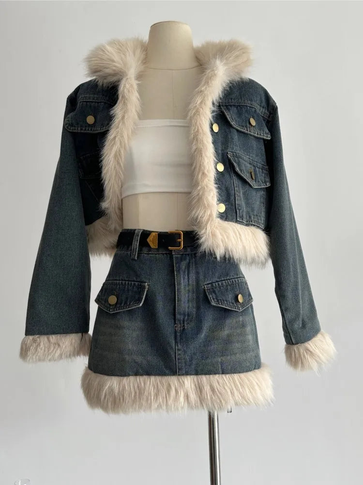 lovwvol Blue Denim Faux Fur Short Skirt Suit for Women Autumn Winter New Fashion 2-piece Set Fur Brim Style Jacket Tops+Mini Skirts