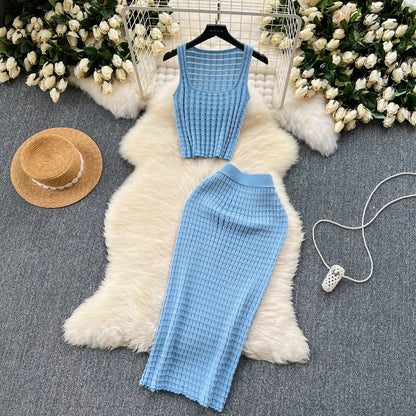 lovwvol Summer Women Fashion Skirt Set Sexy Sleeveless Tank Tops High Waist Slim Long Saya Female Two Piece Suits Knit Solid Clothes