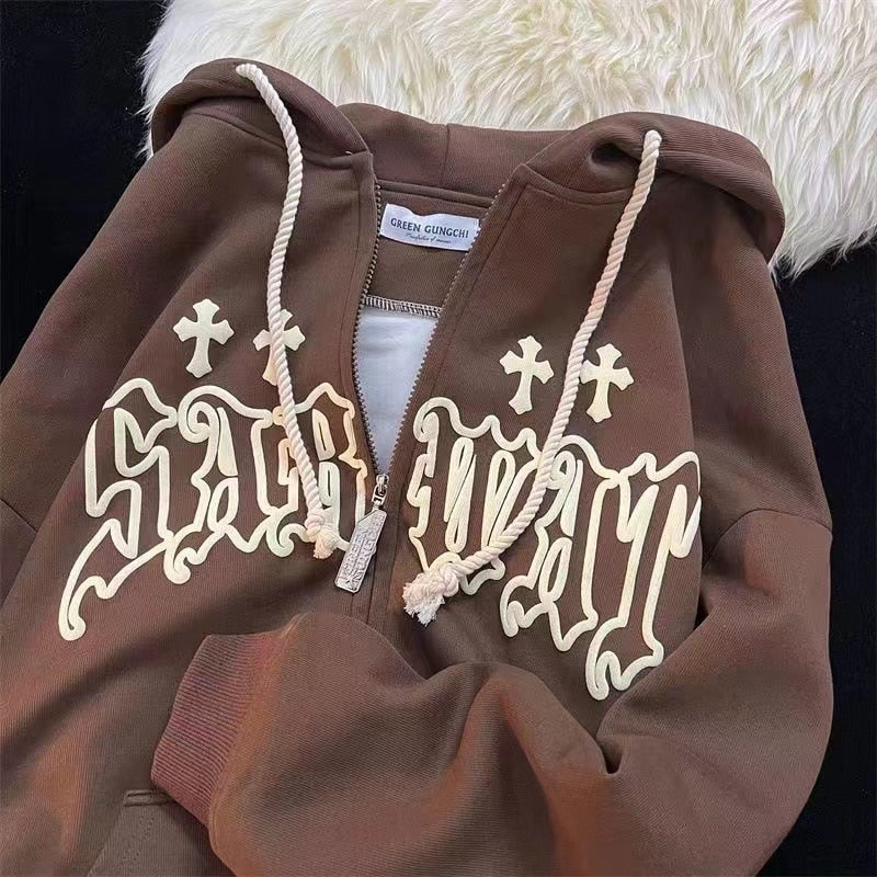 lovwvol Y2k Women Vintage Gothic Streetwear Embroidery Harajuku Hoodies Hip Hop Jacket Zip Up Hoodie Grunge Sweatshirt Tops Alt Clothes