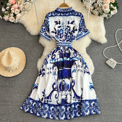 lovwvol Runway Fashion Summer Print Shirt Dress for Women Short Sleeve Single Breasted Lace Up Belt Vintage Holiday Vestidos Casual