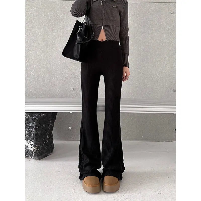 lovwvol   Vintage Gray Flare Pants Women Harajuku Black High Waist Wide Leg Trousers Korean Slim Knit Full Pants Y2K Streetwear