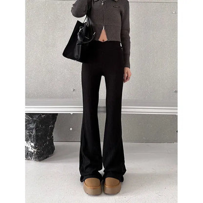 lovwvol   Vintage Gray Flare Pants Women Harajuku Black High Waist Wide Leg Trousers Korean Slim Knit Full Pants Y2K Streetwear