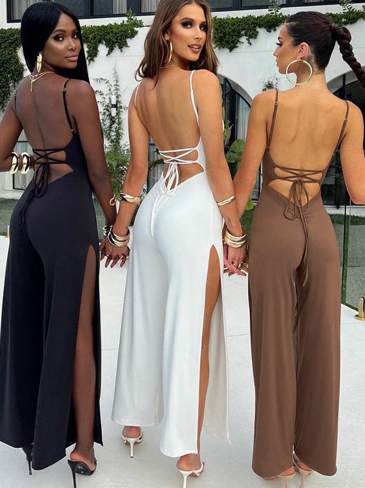 Spaghetti Strap Backless Sexy Jumpsuit For Women Split Wide Leg Summer Jumpsuit Elegant Party Jumpsuit One Piece Club Outfits