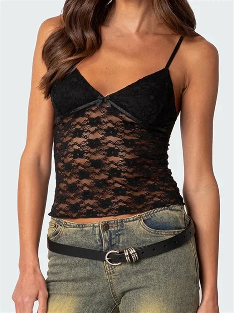 lovwvol Women Floral Lace Crop Camis Tops Summer Backless Spaghetti Strap Tank  Sleeveless Mini Vest for Streetwear Clubwear