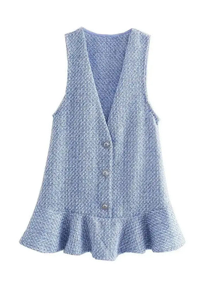 lovwvol Women Tweed Blue Plaid Vintage Casual Sweet Dress Female Fashion Office Lady Slim V Neck Sleeveless Mini Dresses